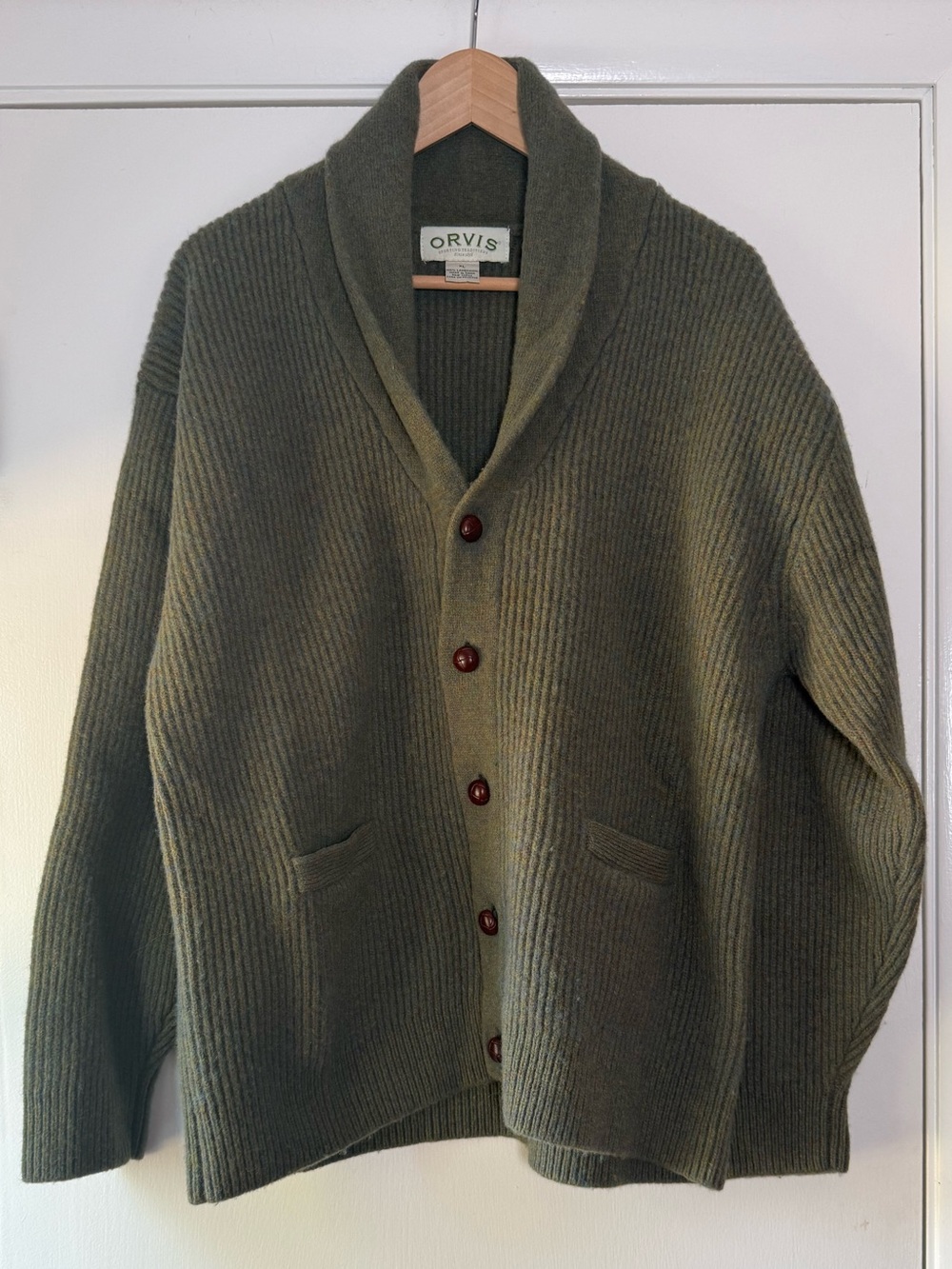 Orvis Vintage Shawl Collar Lambswool Grandpa Cardigan Sweater Ribbed Cabincore